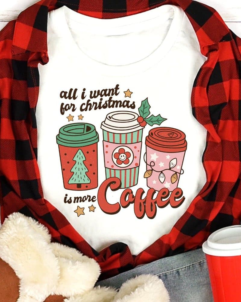 White shirt with Christmas coffee cups design.