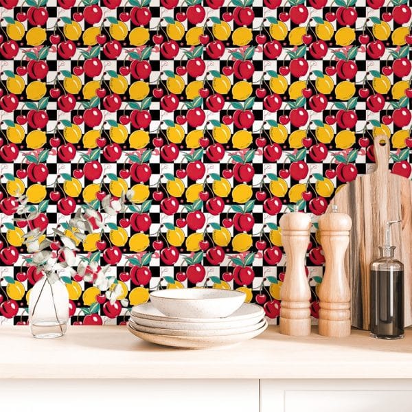 Checkerboard Pattern Wallpaper Featuring Red Cherries And Yellow Lemons.
