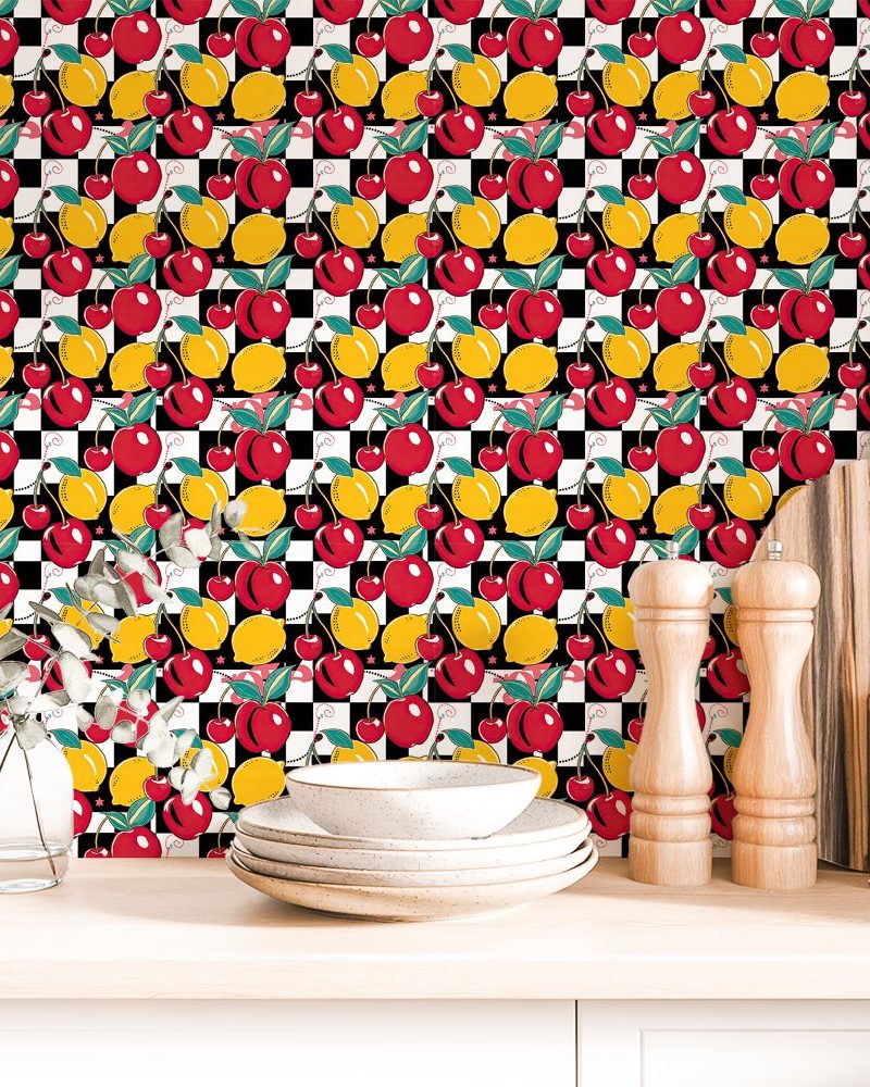 Checkerboard pattern wallpaper featuring red cherries and yellow lemons.