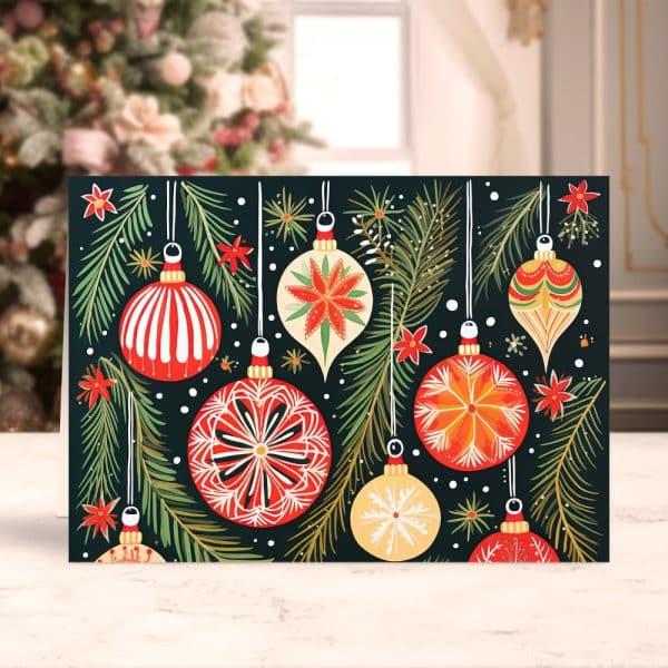 Christmas Card Featuring Illustrated Ornaments Hanging On Evergreen Branches.
