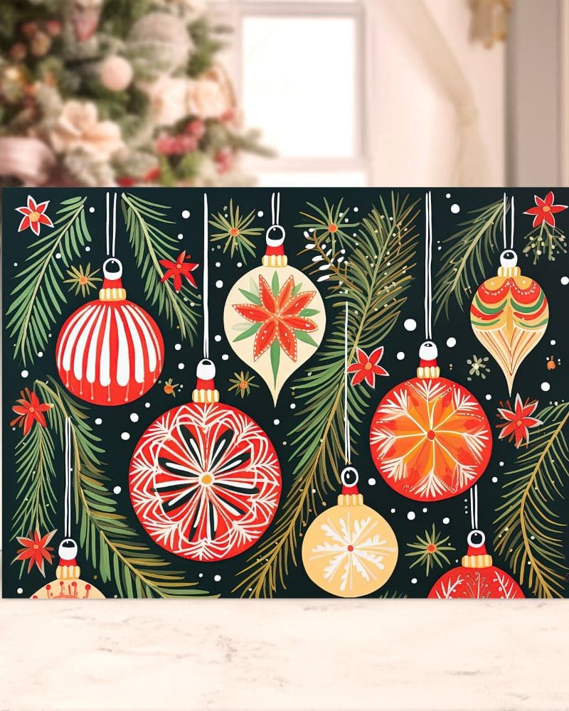 Christmas card featuring illustrated ornaments hanging on evergreen branches.