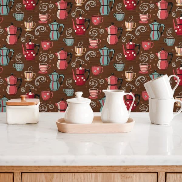 Kitchen Counter With Coffee Cups And Coffee Pots Pattern Wallpaper, And White Coffee-Related Serving Pieces.