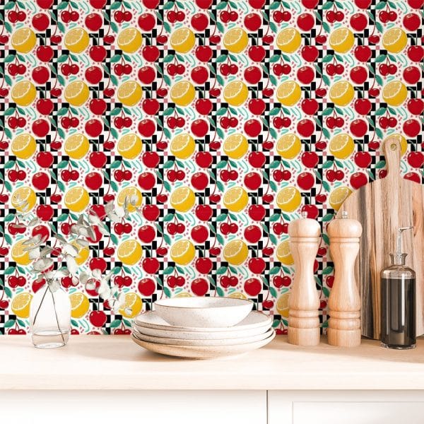 Kitchen Countertop With A Checkerboard Pattern Wallpaper Featuring Cherries And Lemon Slices.