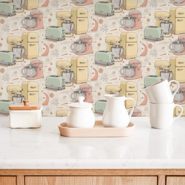 Kitchen Counter With Pastel-Colored Kitchen Appliances Wallpaper And White Tea And Coffee Set.