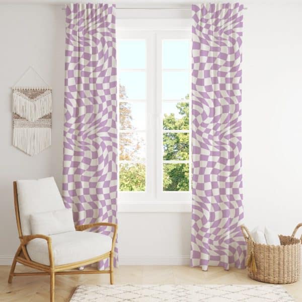 A Pair Of Lavender And Cream Wavy Checkered Curtains Hang In A Window.