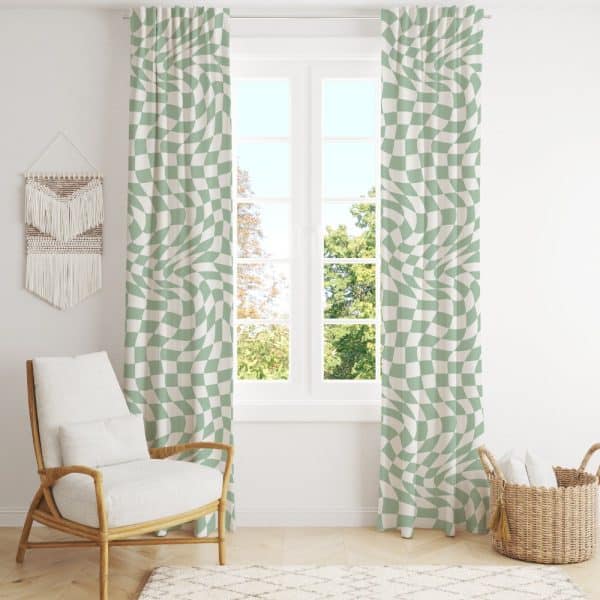 Sage Green And Off-White Wavy Checkered Curtains Hang In A Bright Room.