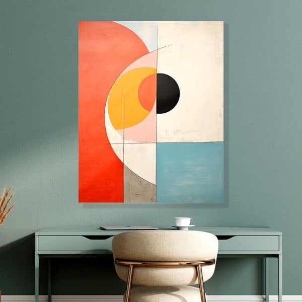 Abstract Geometric Painting With Red, Orange, Yellow, Pink, Black, Gray, And Blue Sections.
