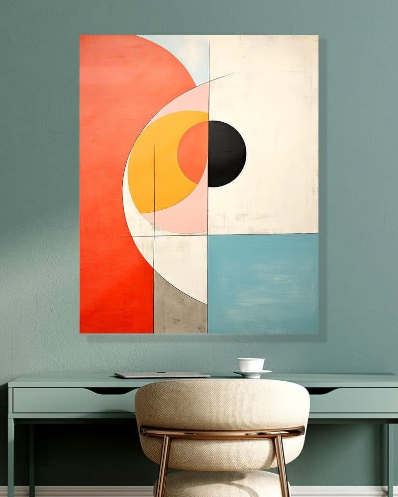 Abstract geometric painting with red, orange, yellow, pink, black, gray, and blue sections.