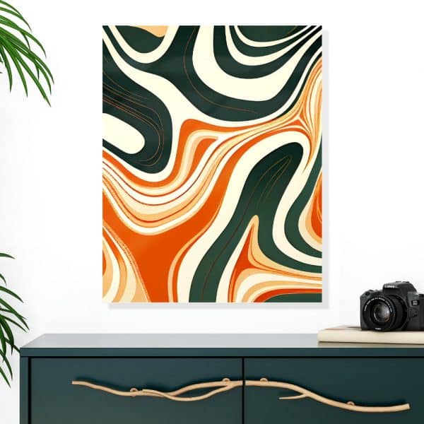 Abstract Art Print With Swirling Orange, Cream, And Dark Green Lines.