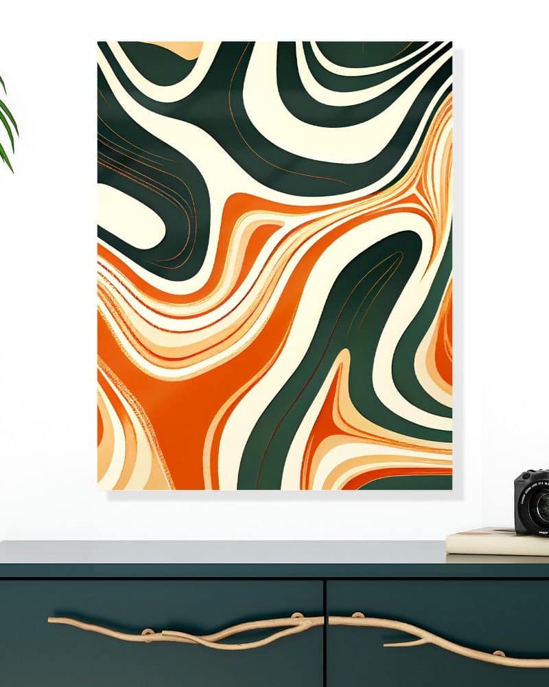 Abstract art print with swirling orange, cream, and dark green lines.