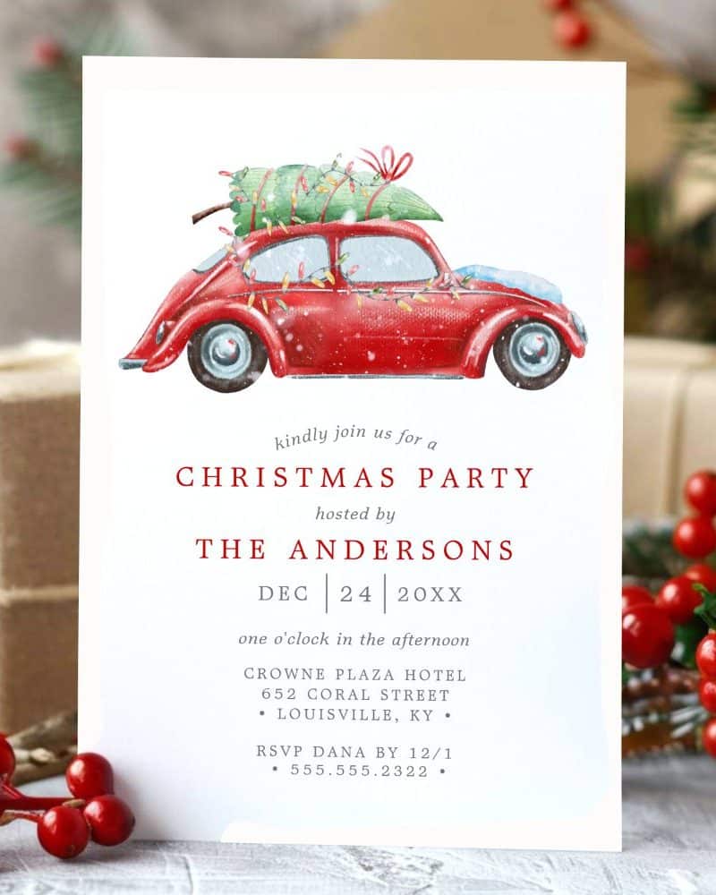 Christmas party invitation featuring a red vintage car carrying a Christmas tree.