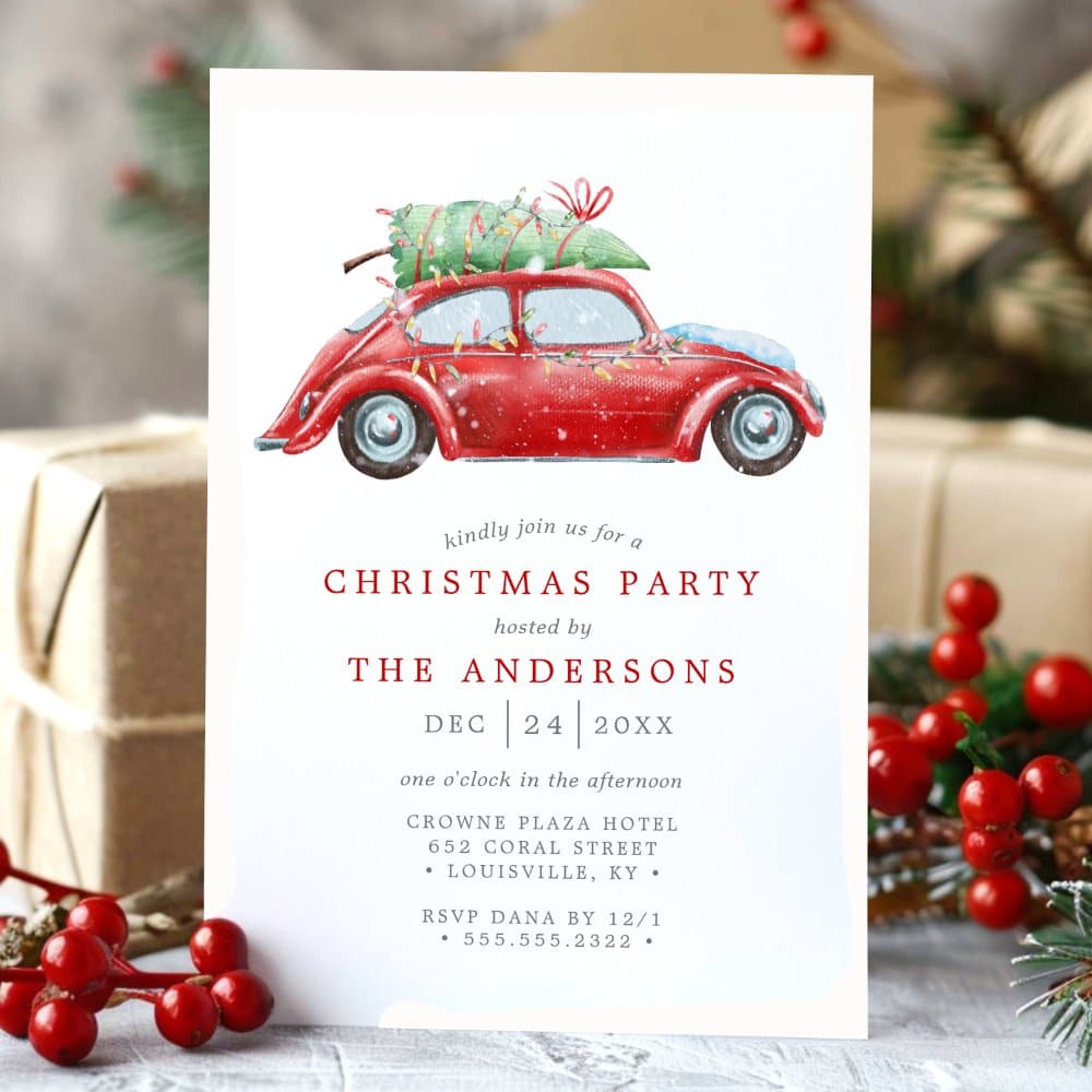 Christmas Party Invitation Featuring A Red Vintage Car Carrying A Christmas Tree.