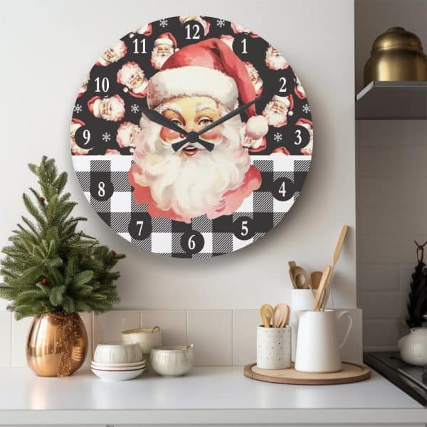 Round Wall Clock Featuring A Santa Claus Illustration On A Black And White Buffalo Check Background.