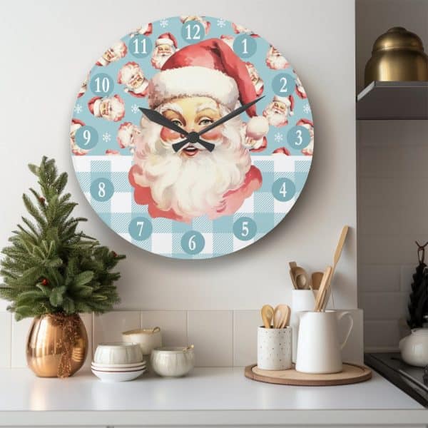 Round Wall Clock Featuring A Vintage Santa Claus Illustration On A Light Blue And White Checkered Background.