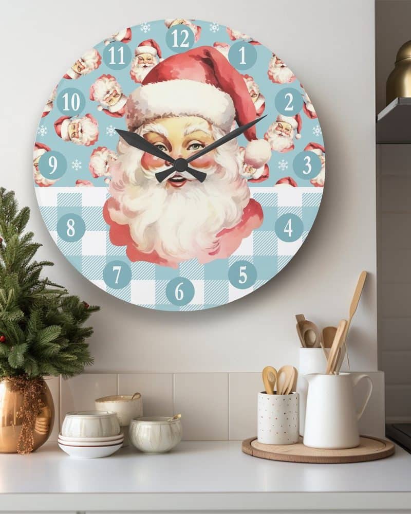 Round wall clock featuring a vintage Santa Claus illustration on a light blue and white checkered background.