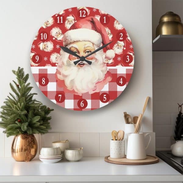 A Round Clock Featuring A Santa Claus Illustration On A Red And White Gingham Background.