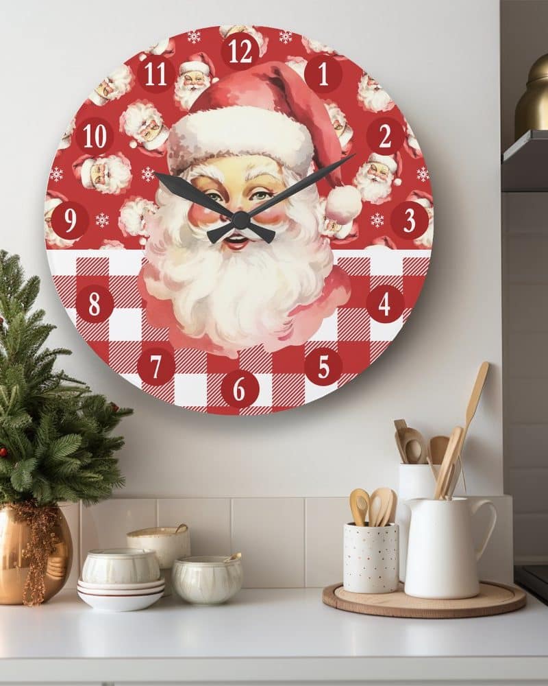 A round clock featuring a Santa Claus illustration on a red and white gingham background.