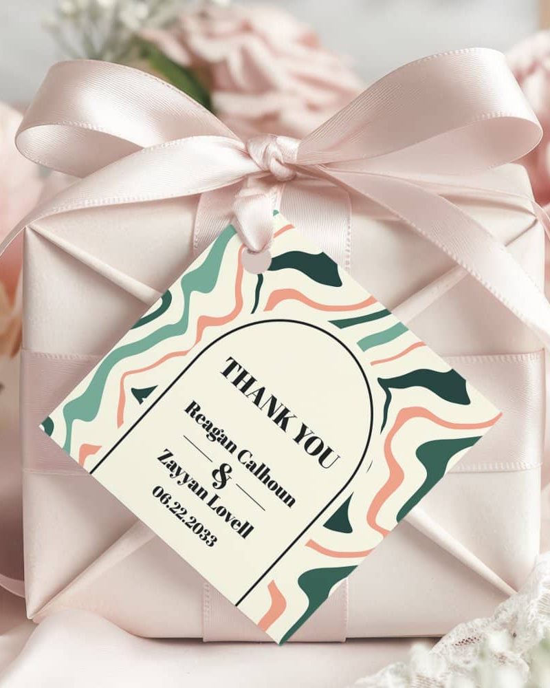 Retro Swirl Arch Mint And Pink Wedding Thank You Favor Tags
