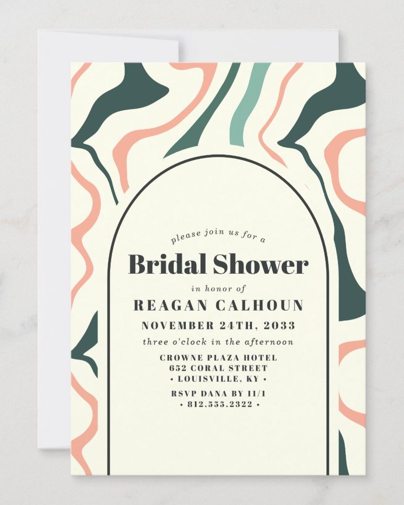 Bridal shower invitation for Reagan Calhoun, November 24, 2033, at the Crowne Plaza Hotel in Louisville, KY. The design features abstract swirls in pink, teal, and dark green.