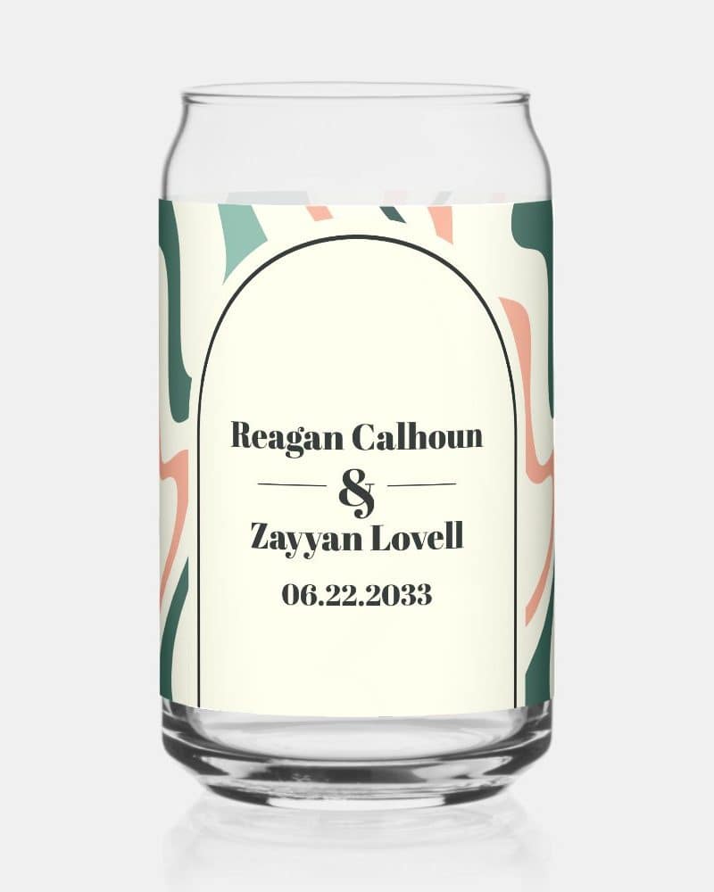 Glass can with abstract design and wedding announcement for Reagan Calhoun and Zayyan Lovell, June 22, 2033.