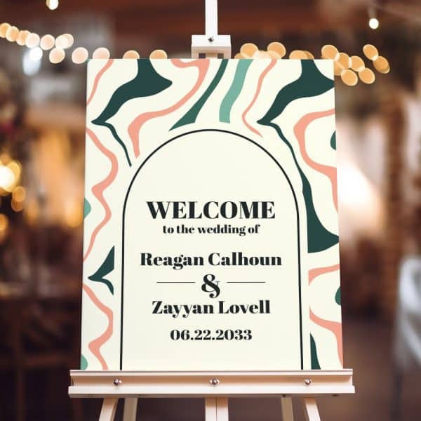 Wedding Welcome Sign With An Abstract Design Featuring Peach, Teal, And Dark Green Shapes; It Announces The Wedding Of Reagan Calhoun And Zayyan Lovell On June 22, 2033.