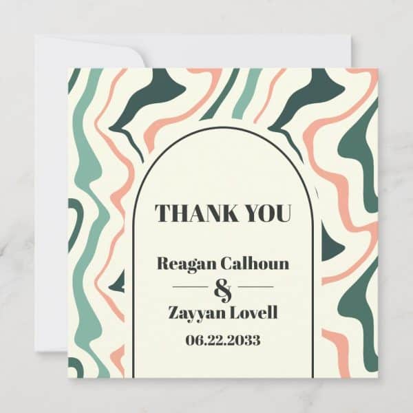 Thank You Card With Abstract Wave Design In Teal, Peach, And Cream; Names Reagan Calhoun &Amp; Zayyan Lovell And Date 06.22.2033.
