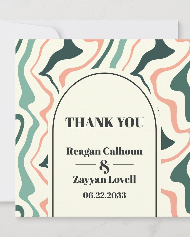 Thank you card with abstract wave design in teal, peach, and cream; names Reagan Calhoun & Zayyan Lovell and date 06.22.2033.