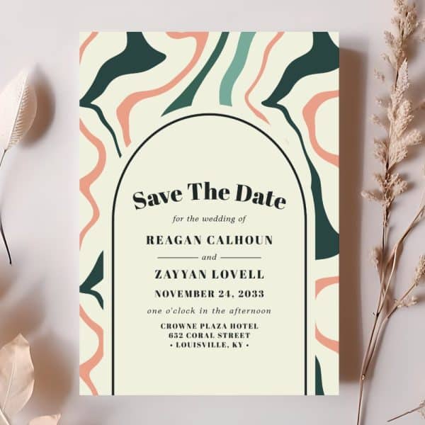 Save The Date For The Wedding Of Reagan Calhoun And Zayyan Lovell, November 24, 2033, At The Crowne Plaza Hotel In Louisville, Ky. The Design Features An Abstract Cream, Peach, And Teal Pattern.