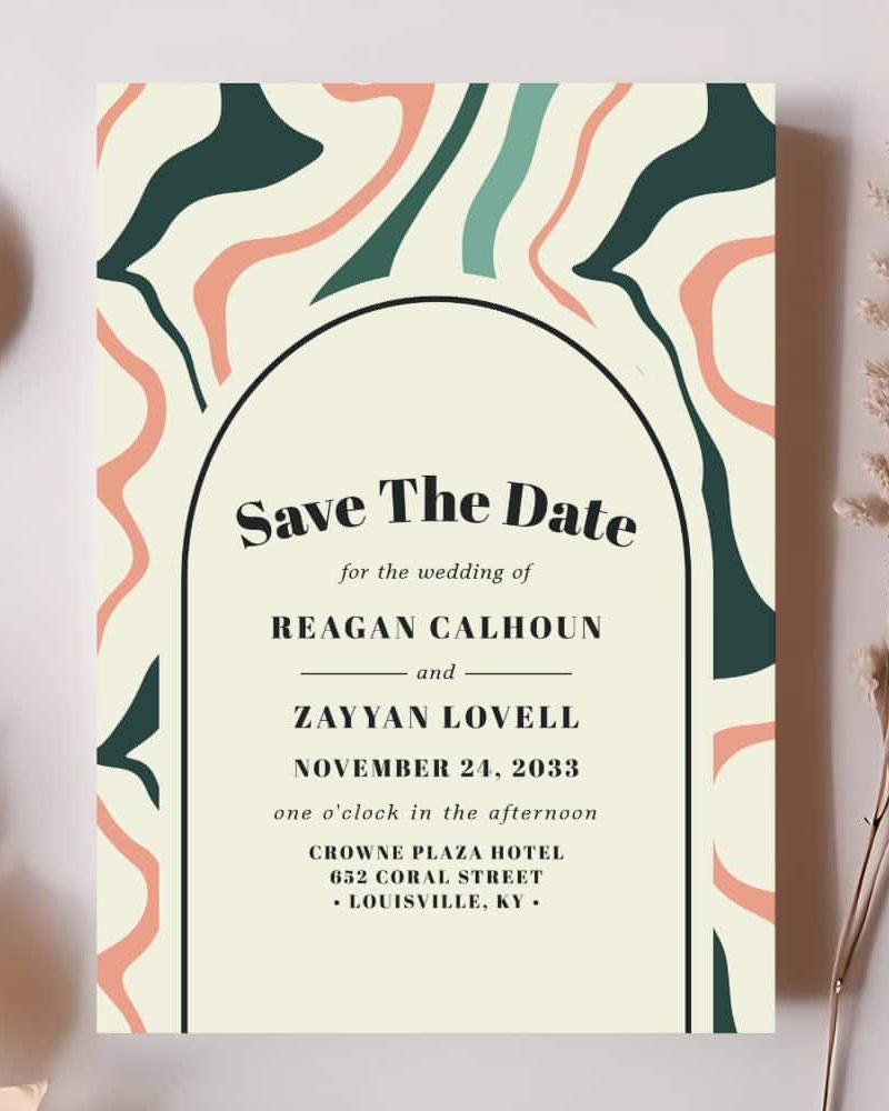 Save the date for the wedding of Reagan Calhoun and Zayyan Lovell, November 24, 2033, at the Crowne Plaza Hotel in Louisville, KY. The design features an abstract cream, peach, and teal pattern.