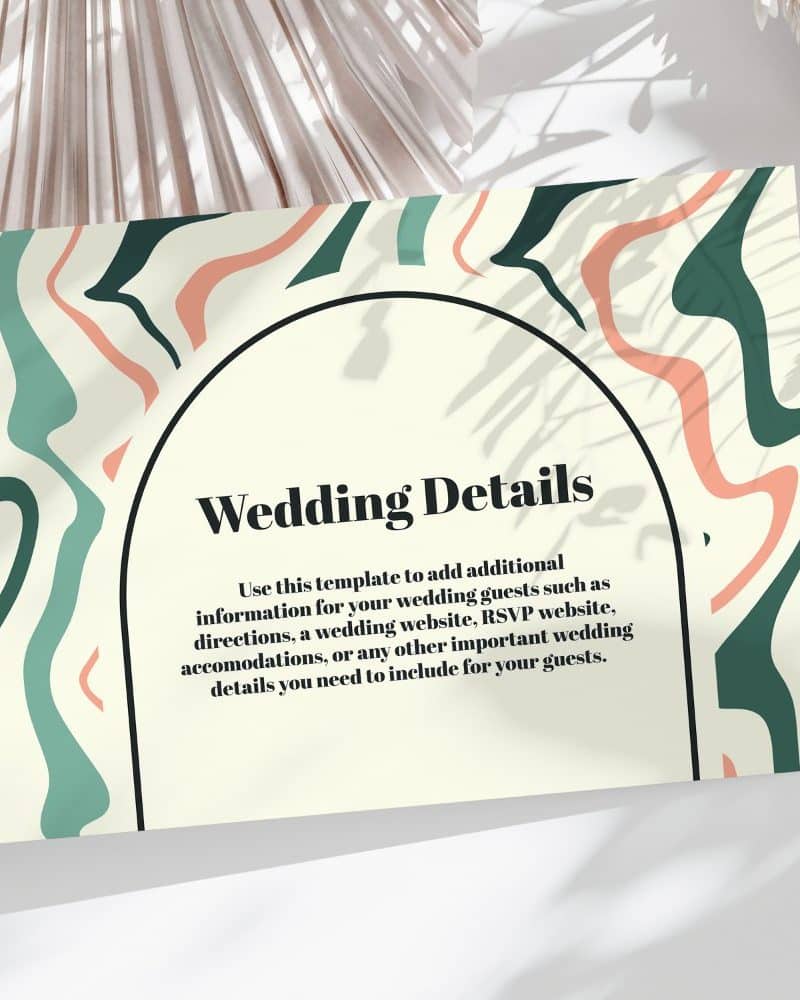 Wedding details card with an abstract design in peach, green, and cream.