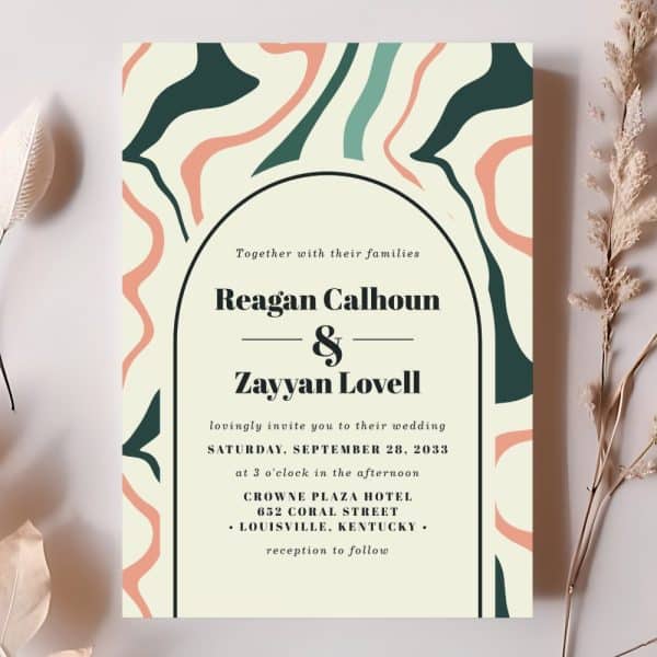 Wedding Invitation For Reagan Calhoun And Zayyan Lovell, September 28, 2033, At The Crowne Plaza Hotel In Louisville, Kentucky. The Design Features Abstract Shapes In Peach, Teal, And Dark Green.