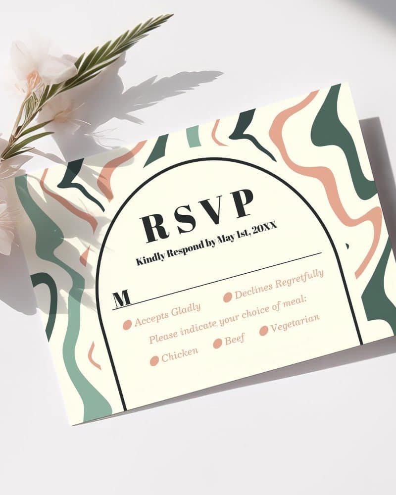 RSVP card with abstract design, requesting response by May 1st.