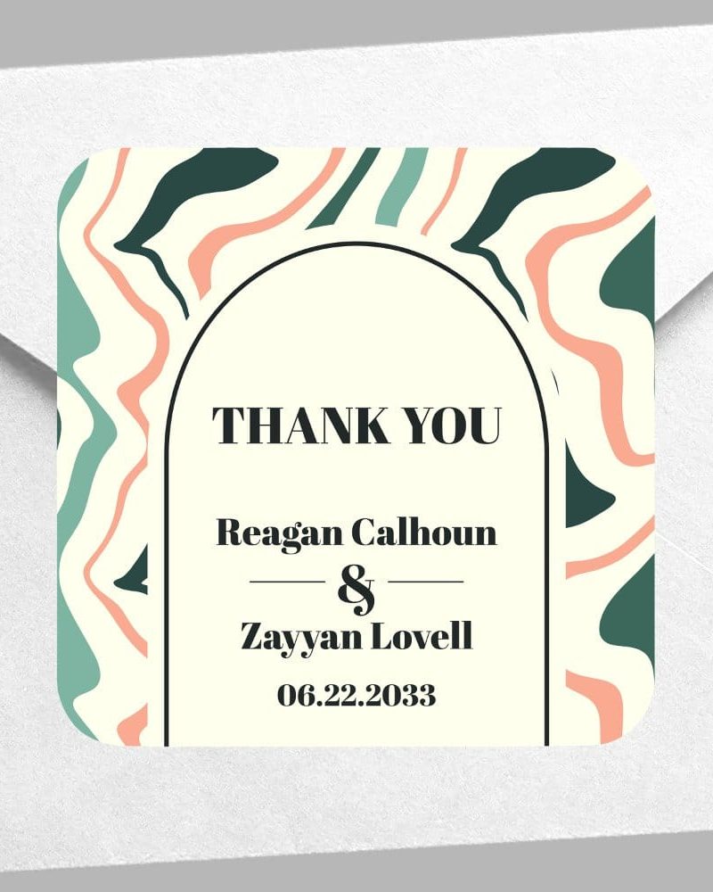 Square thank you card with abstract marbled design in teal, peach, and cream; text reads Thank You, Reagan Calhoun & Zayyan Lovell, 06.22.2033.