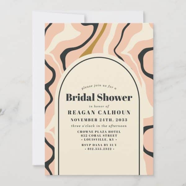 Bridal Shower Invitation For Reagan Calhoun, November 24, 2033, At The Crowne Plaza Hotel In Louisville, Ky. The Design Features Abstract Pink And Beige Curves.