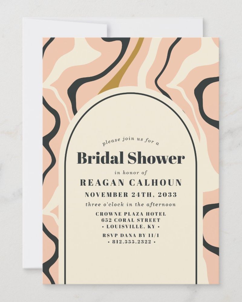 Bridal shower invitation for Reagan Calhoun, November 24, 2033, at the Crowne Plaza Hotel in Louisville, KY. The design features abstract pink and beige curves.