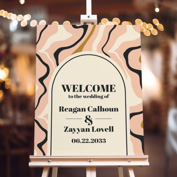 Wedding Welcome Sign With Pink And Black Abstract Design, Announcing The Wedding Of Reagan Calhoun And Zayyan Lovell On June 22, 2033.