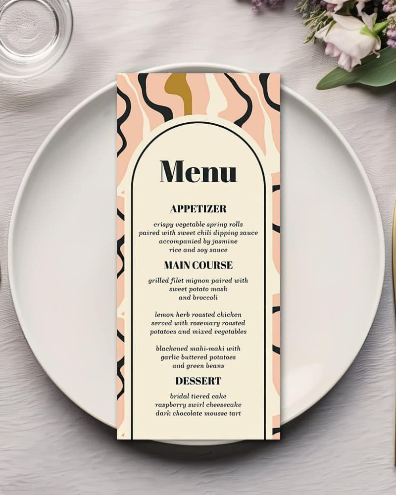 Retro Swirl Arch Pink Black Gold Cream Wedding Menu
