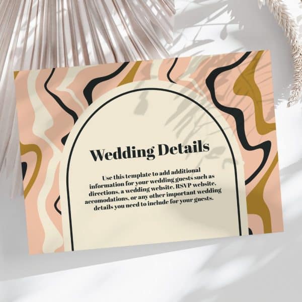 Wedding Details Template With An Abstract Peach, Beige, And Gold Design.