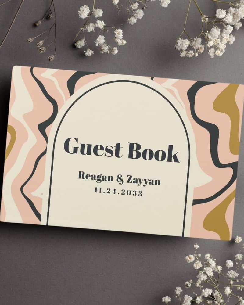 Retro Swirl Arch Pink Black Gold Wedding Guest Book