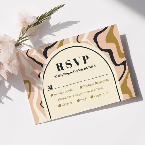 Rsvp Card With An Abstract Design In Beige, Gold, And Black. The Card Requests A Response By May 1St.