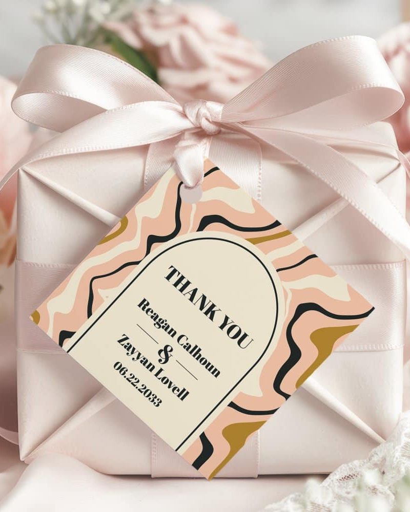 Retro Swirl Arch Pink Black Gold Wedding Thank You Favor Tags