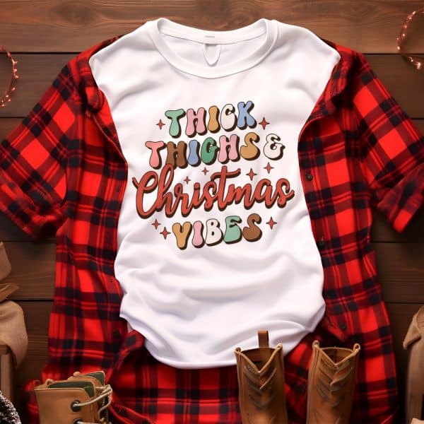 White T-Shirt With The Text Thick Thighs &Amp; Christmas Vibes In A Retro Style Font.