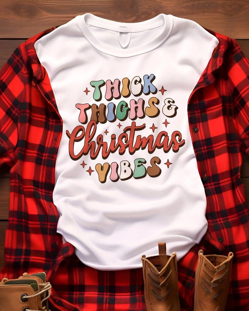 White t-shirt with the text Thick Thighs & Christmas Vibes in a retro style font.