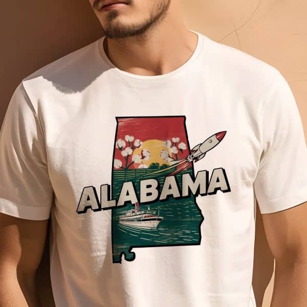 Man Wearing A White T-Shirt With A Graphic Design Of The State Of Alabama. The Design Incorporates Cotton Plants, A Steamboat, And A Rocket.