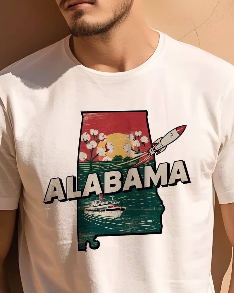 Man wearing a white t-shirt with a graphic design of the state of Alabama. The design incorporates cotton plants, a steamboat, and a rocket.