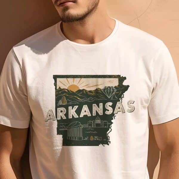 Person Wearing A White T-Shirt With A Dark-Green Graphic Of The Arkansas State Outline, Featuring A Sunrise, Mountains, And State Landmarks.