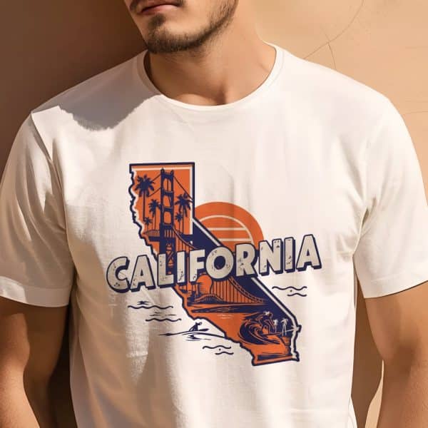 Person Wearing A White T-Shirt Featuring A California Graphic With The Golden Gate Bridge, Palm Trees, And Surfers.