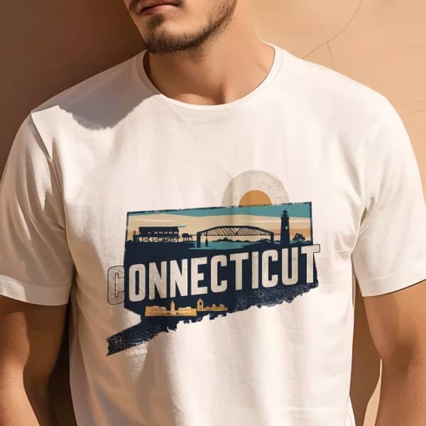Person Wearing A White T-Shirt Featuring A Graphic Design Of The State Of Connecticut, Depicted With An Outline Of The State Shape, And Landmarks Including A Bridge And Lighthouse.