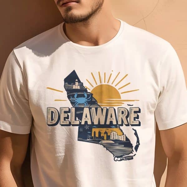 Person Wearing A White T-Shirt Featuring A Graphic Design Of The State Of Delaware, Including A Stylized Map, A Crab, A Lighthouse, And A Sun.