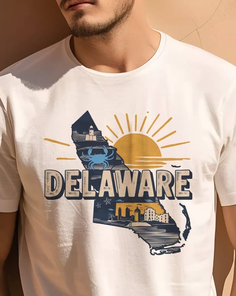 Person wearing a white t-shirt featuring a graphic design of the state of Delaware, including a stylized map, a crab, a lighthouse, and a sun.